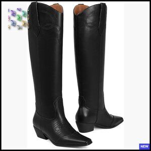 Square Toe Knee High Cowboy Boots Wide Calf Chunky Heel Retro Western Style